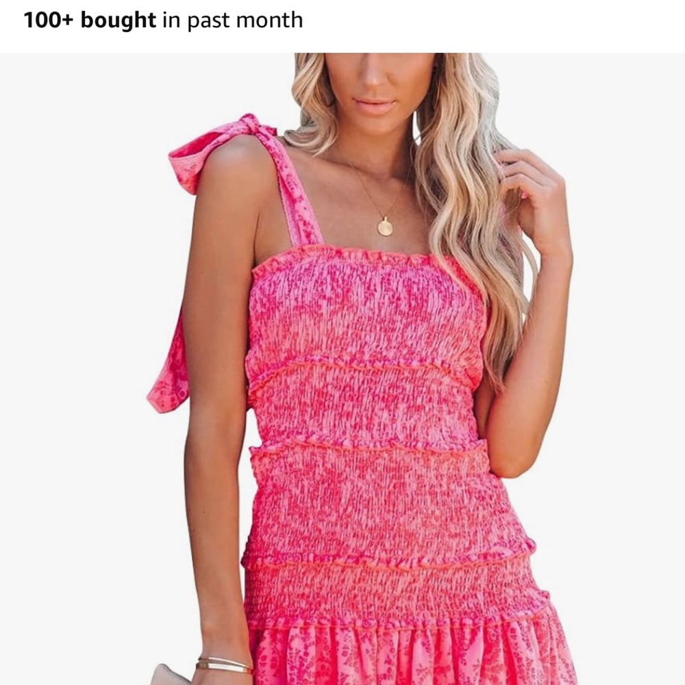 Women's Summer Floral Spaghetti Strap Square Neck Ruffle Tie Mini Smocked Dress